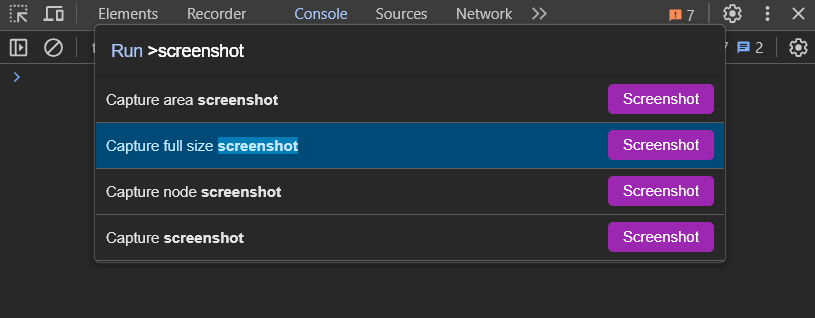 screenshot command from devtools command menu